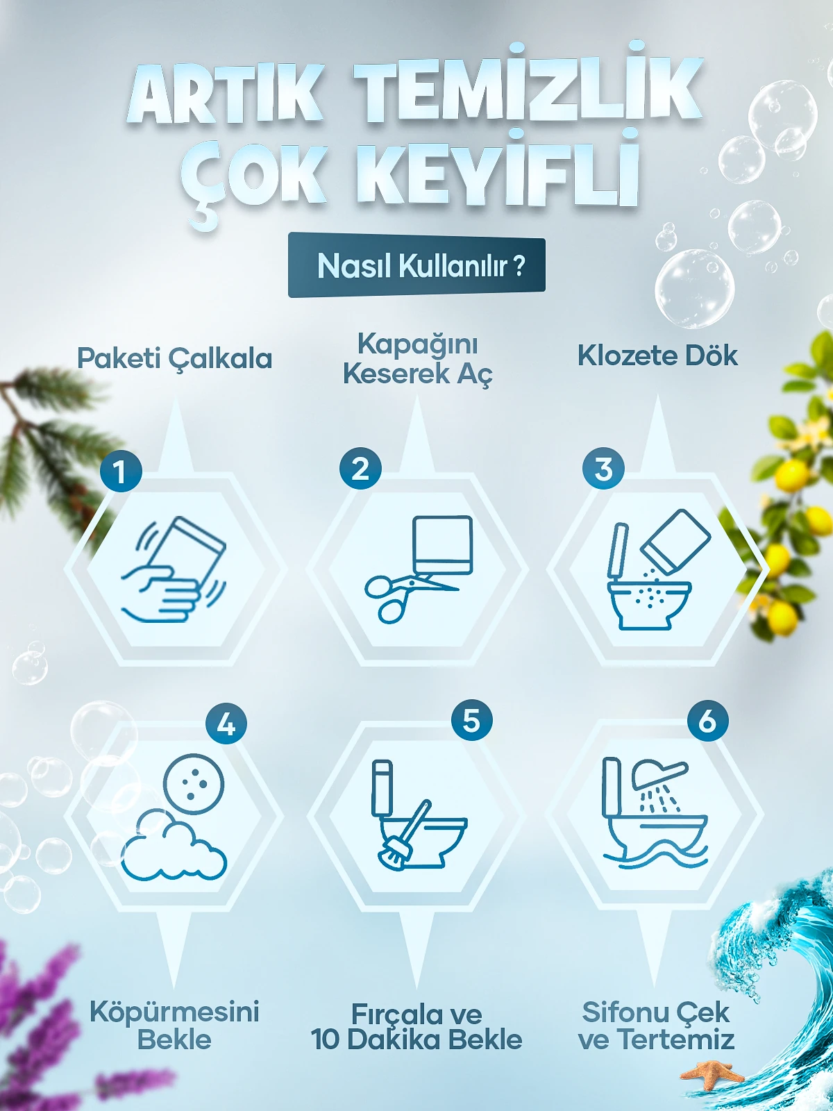 Klozet Tuvalet WC Temizleyici, Aktif Köpüklü, Ekolojik Doğa Dostu, Lavanta Ferahlığı, Aylık Paket