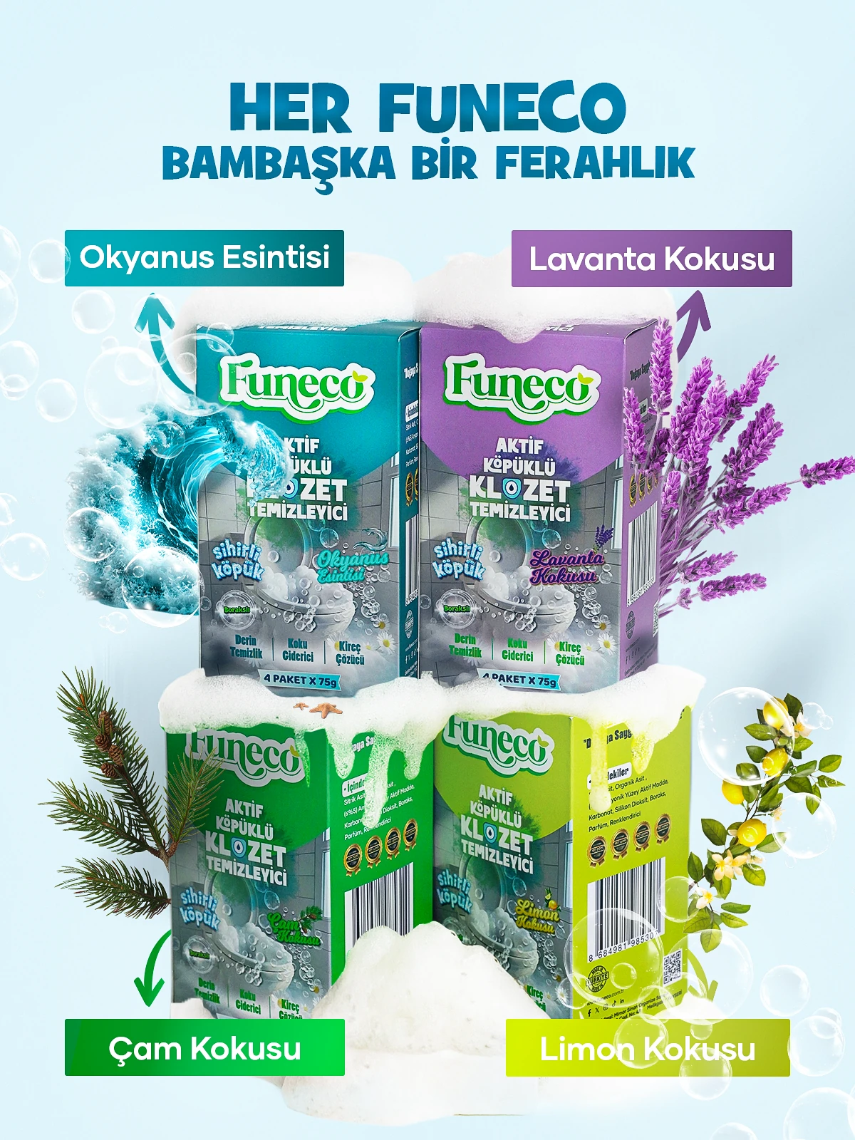 FUNECO Klozet Tuvalet WC Temizleyici, Aktif Köpüklü, Ekolojik Doğa Dostu, Çam Ferahlığı, Aylık Paket