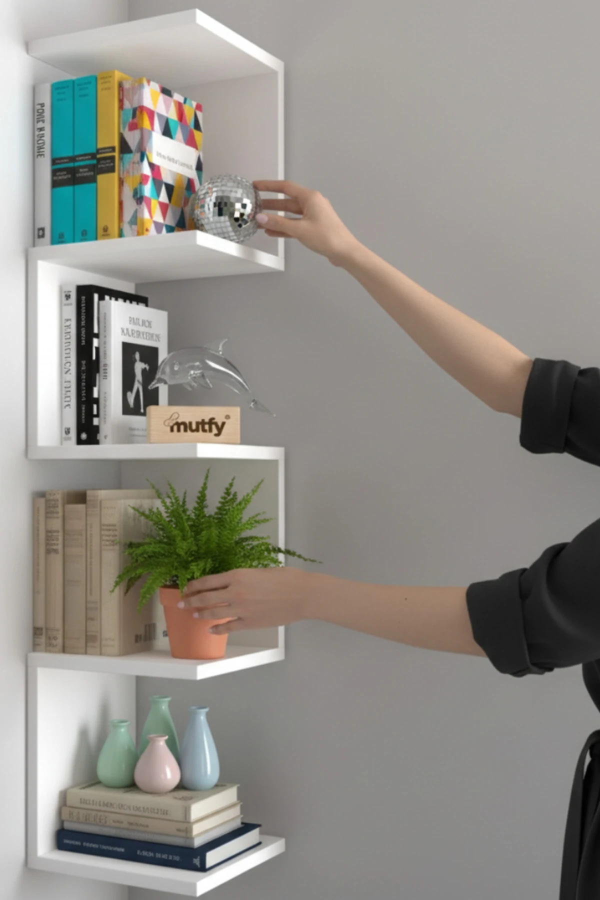 Zigzag Köşe Kitaplık Raf - Duvar Rafı - Demonte Raf