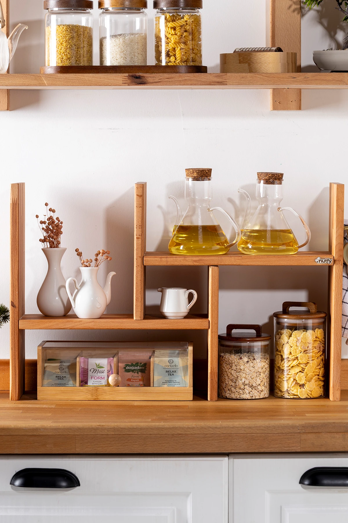 Ahşap Fonksiyonel Askılı Mutfak Organizer Raf 2 Parça Düzenleyici Raf - Kahve Köşesi Rafı