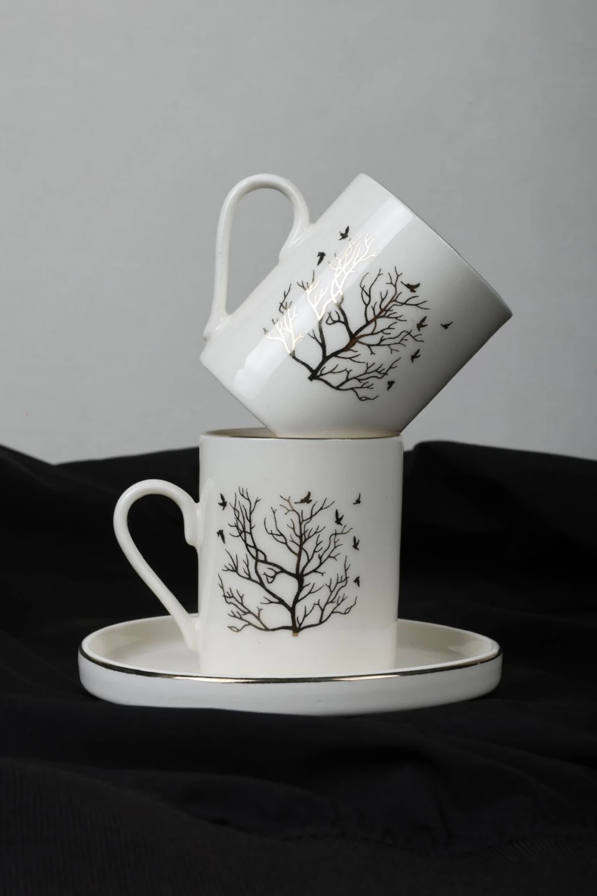 12 Parça 6 Kişilik Hayat Ağacı Gerçek Altın Yaldız Kahve Fincanı Takımı - Kahve Fincanı Seti 100ml