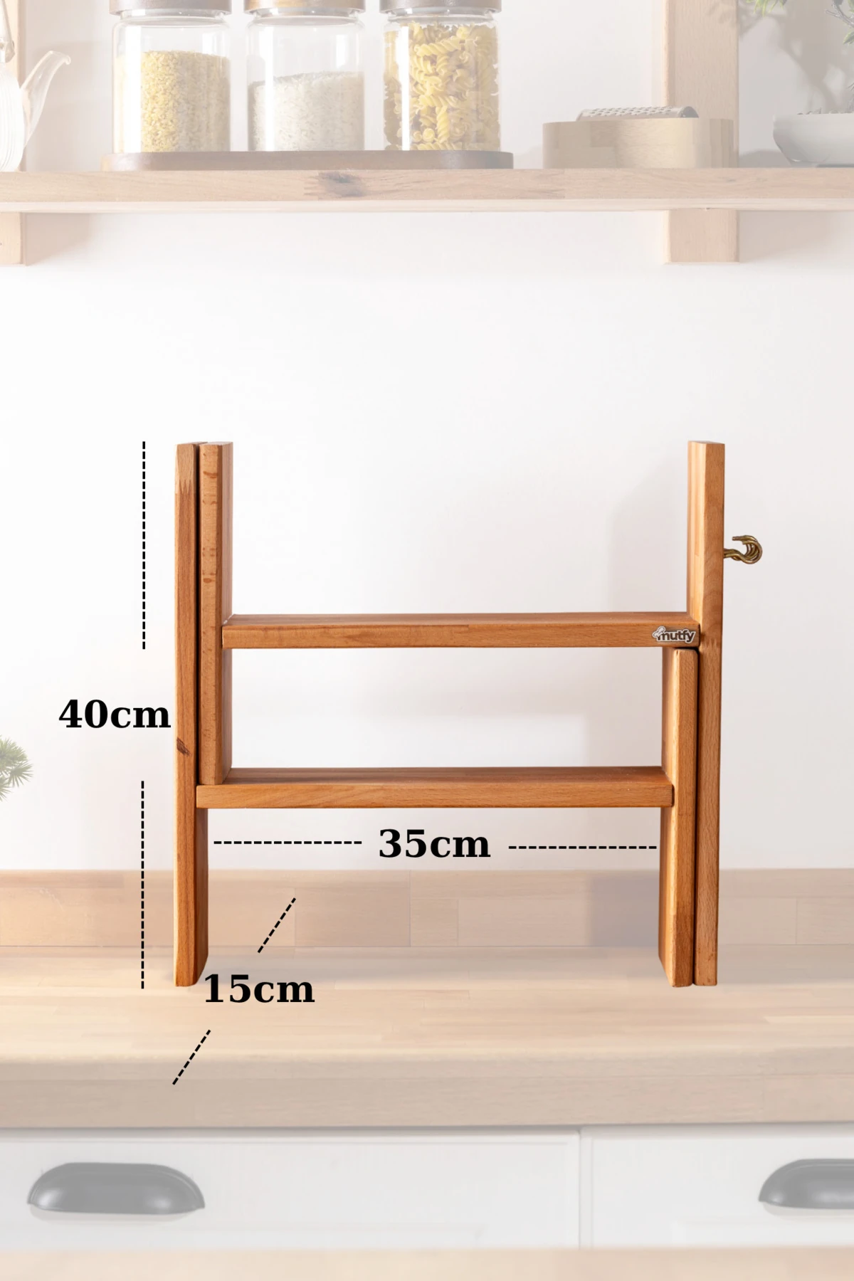 Ahşap Fonksiyonel Askılı Mutfak Organizer Raf 2 Parça Düzenleyici Raf - Kahve Köşesi Rafı