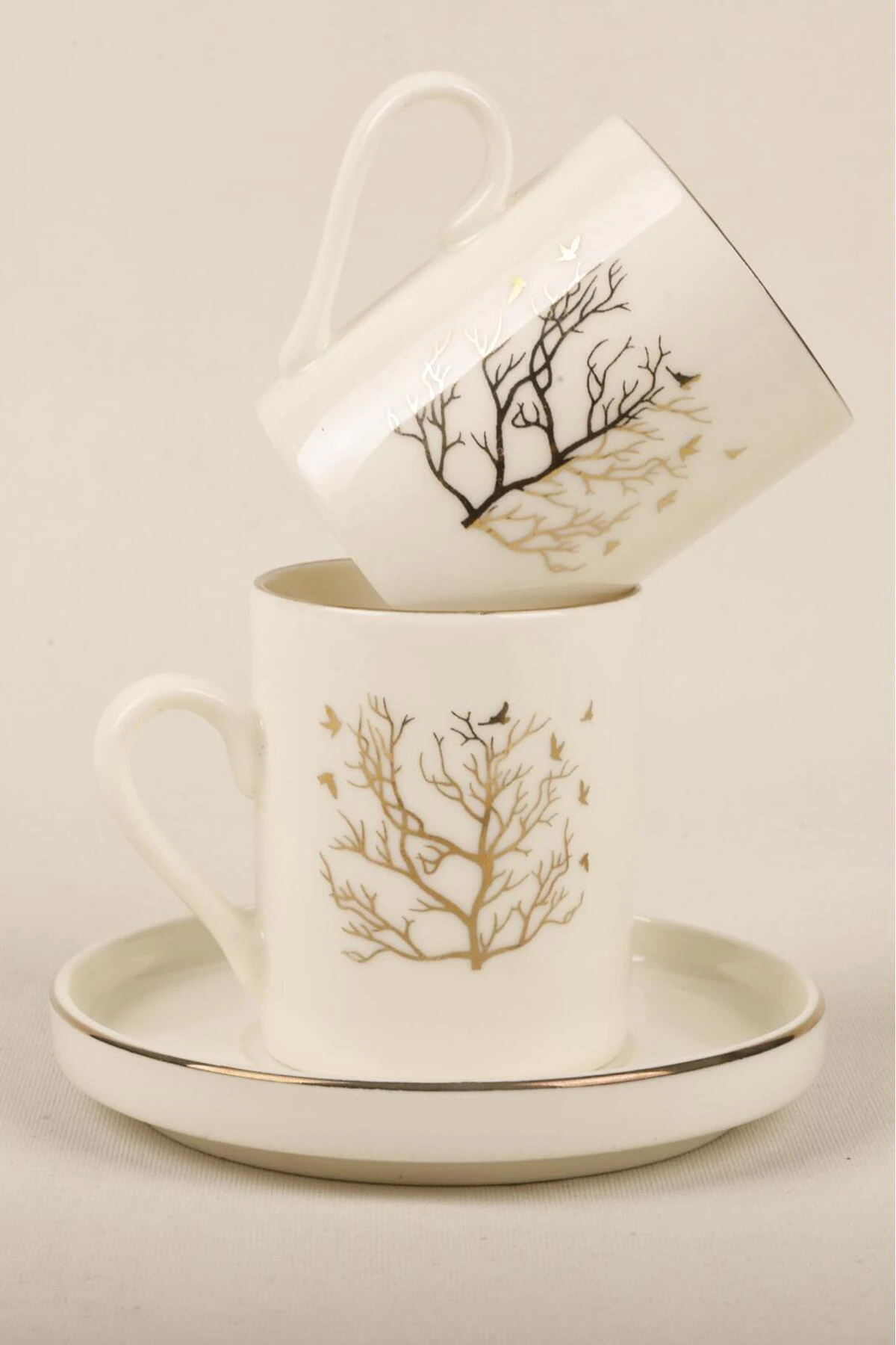 12 Parça 6 Kişilik Hayat Ağacı Gerçek Altın Yaldız Kahve Fincanı Takımı - Kahve Fincanı Seti 100ml