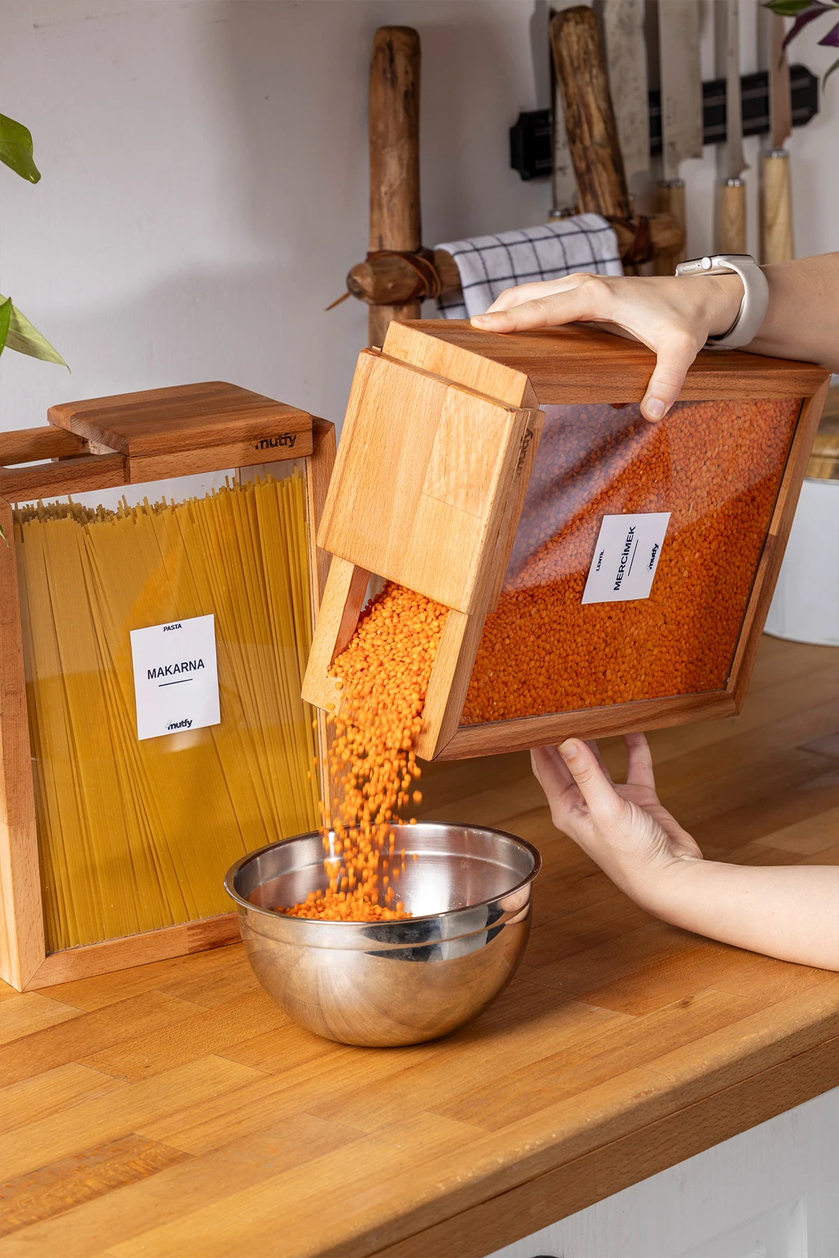 2'li Kapaklı Ahşap Saklama Kabı Seti Büyük Boy Bakliyatlık - 3 Litre - 9 Adet Etiket Hediyeli