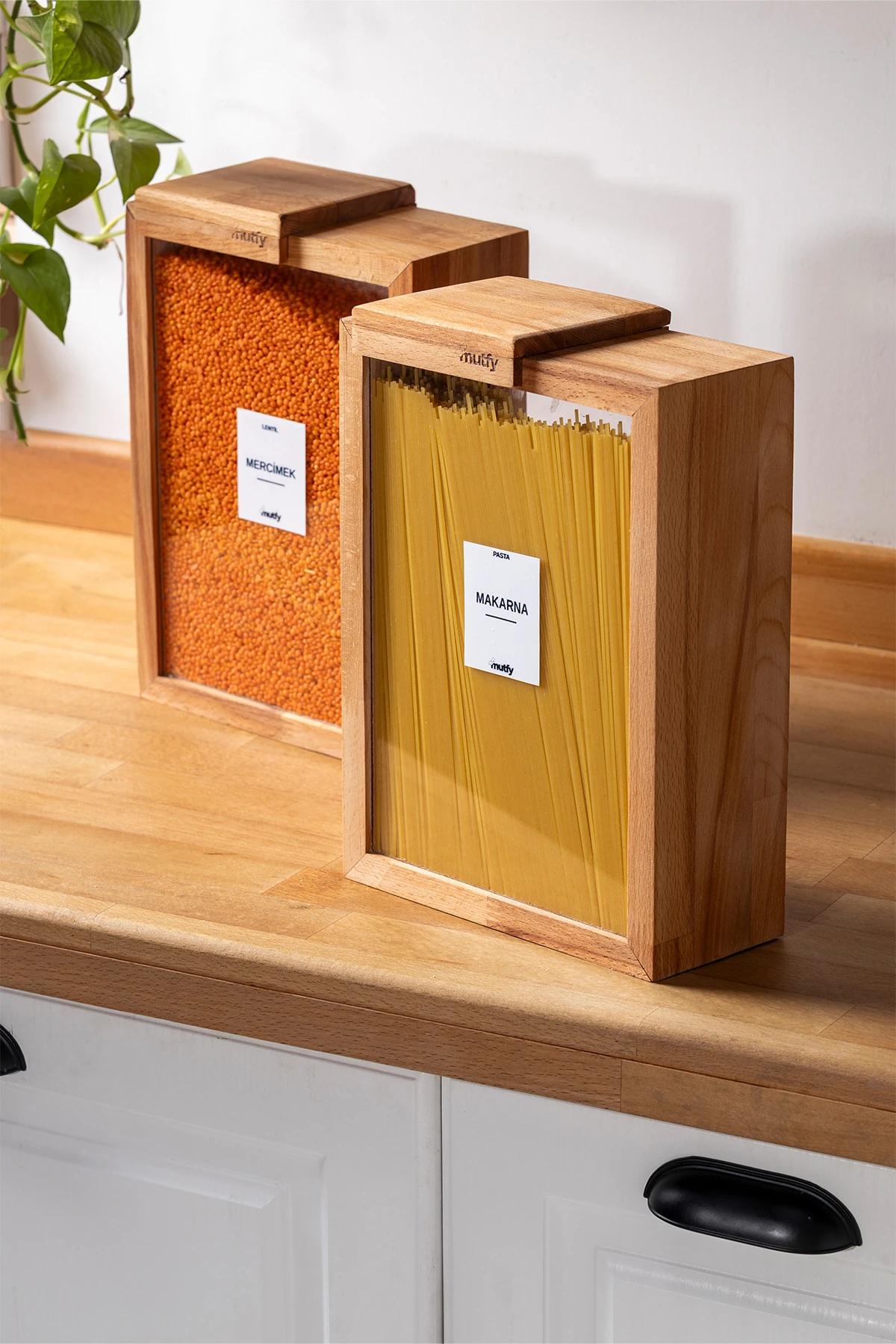 2'li Kapaklı Ahşap Saklama Kabı Seti Büyük Boy Bakliyatlık - 3 Litre - 9 Adet Etiket Hediyeli
