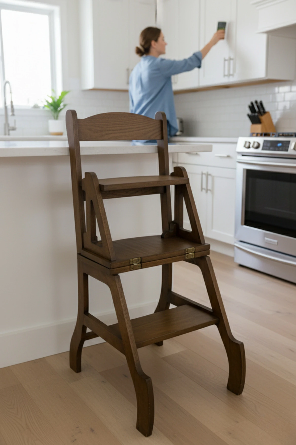 2'si 1 Arada Ahşap Fonksiyonel Sandalye - Merdiven - Mutfak Sandalyesi - Tabure - Sandalye Merdiven