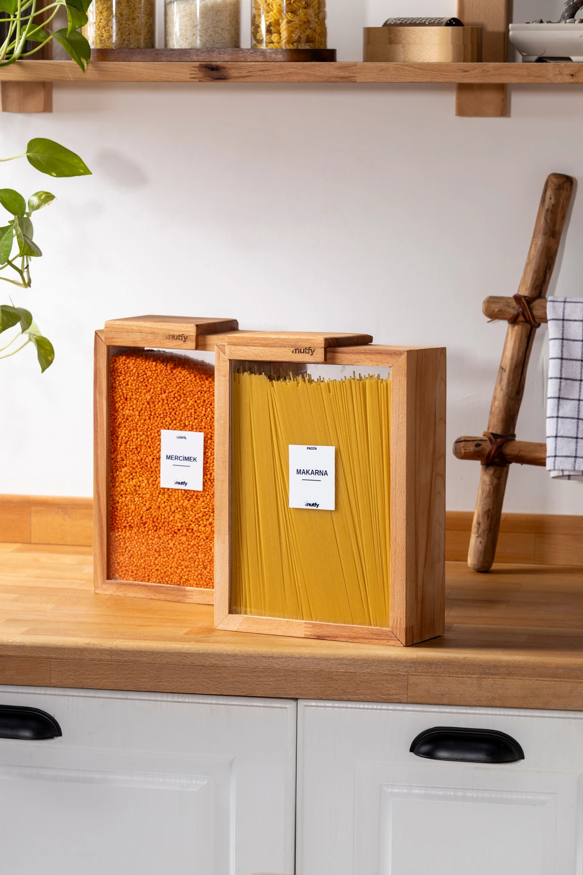 2'li Kapaklı Ahşap Saklama Kabı Seti Büyük Boy Bakliyatlık - 3 Litre - 9 Adet Etiket Hediyeli