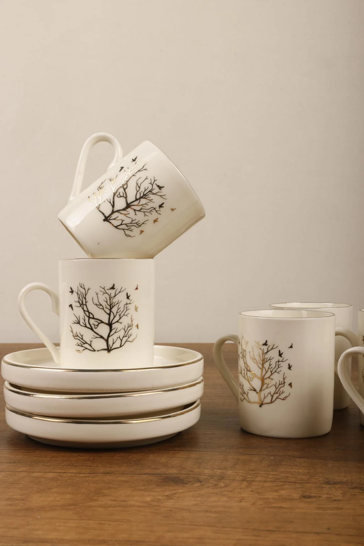 12 Parça 6 Kişilik Hayat Ağacı Gerçek Altın Yaldız Kahve Fincanı Takımı - Kahve Fincanı Seti 100ml