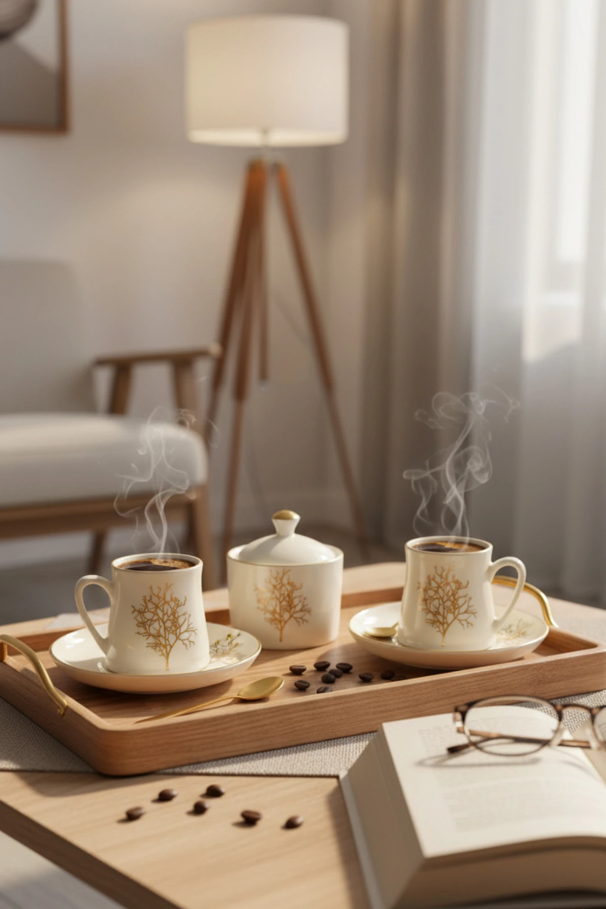 12 Parça 6 Kişilik Hayat Ağacı Gerçek Altın Yaldız Kahve Fincan Takımı 80ml