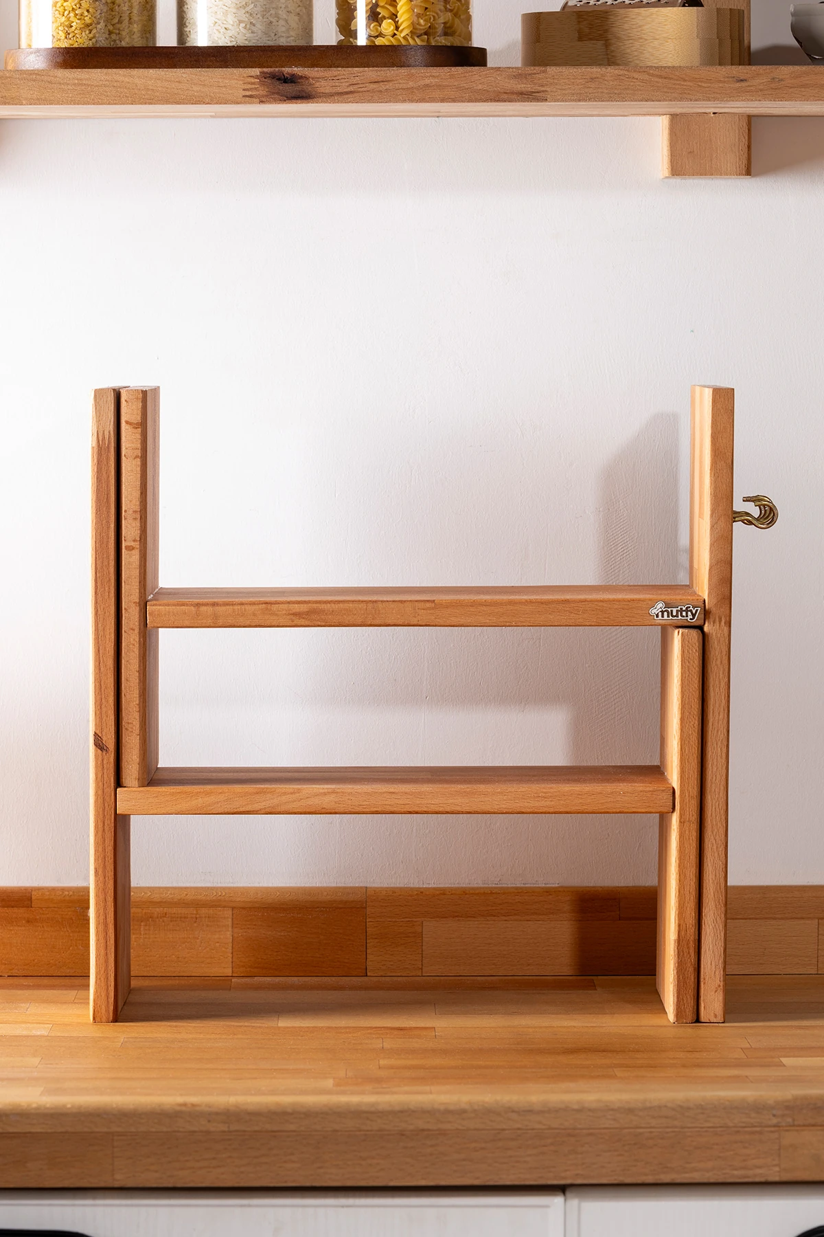 Ahşap Fonksiyonel Askılı Mutfak Organizer Raf 2 Parça Düzenleyici Raf - Kahve Köşesi Rafı