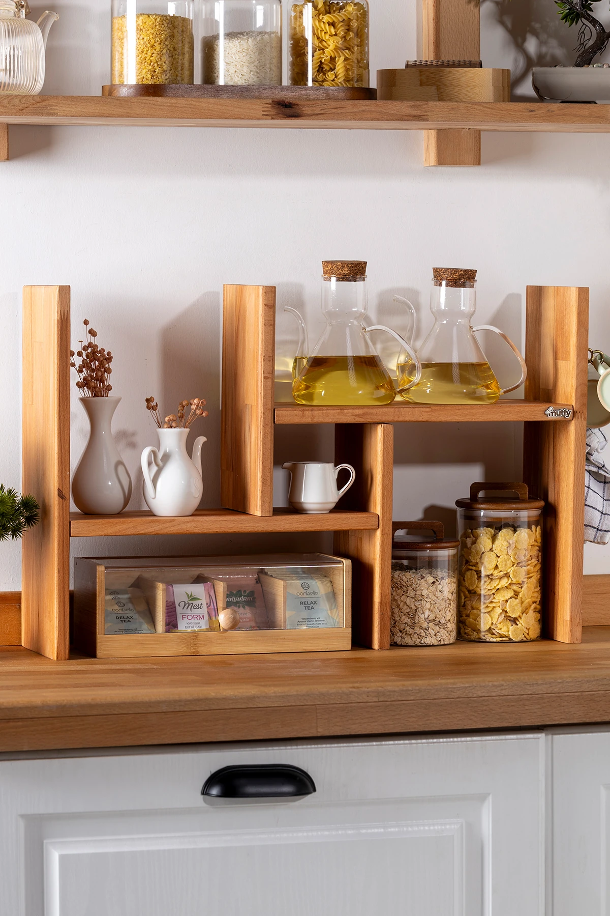 Ahşap Fonksiyonel Askılı Mutfak Organizer Raf 2 Parça Düzenleyici Raf - Kahve Köşesi Rafı