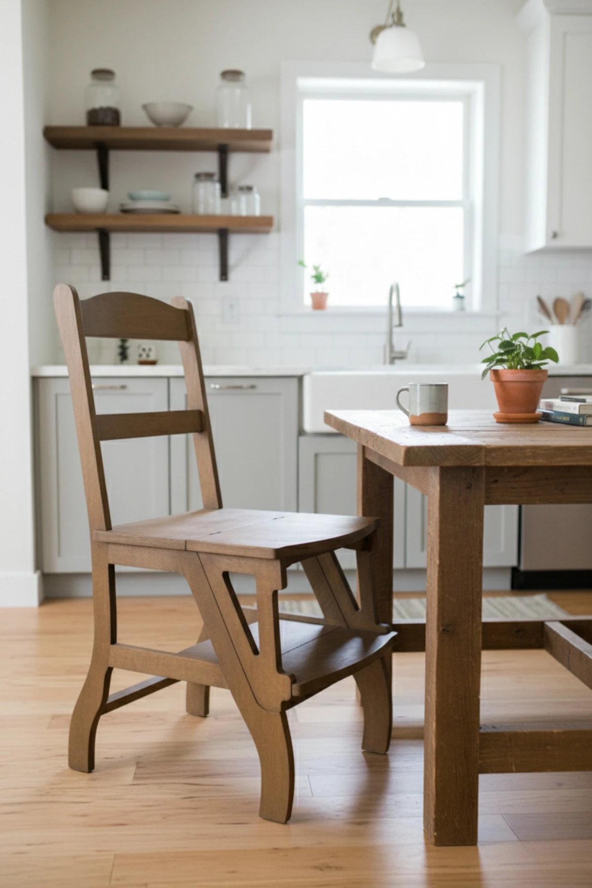 2'si 1 Arada Ahşap Fonksiyonel Sandalye - Merdiven - Mutfak Sandalyesi - Tabure - Sandalye Merdiven