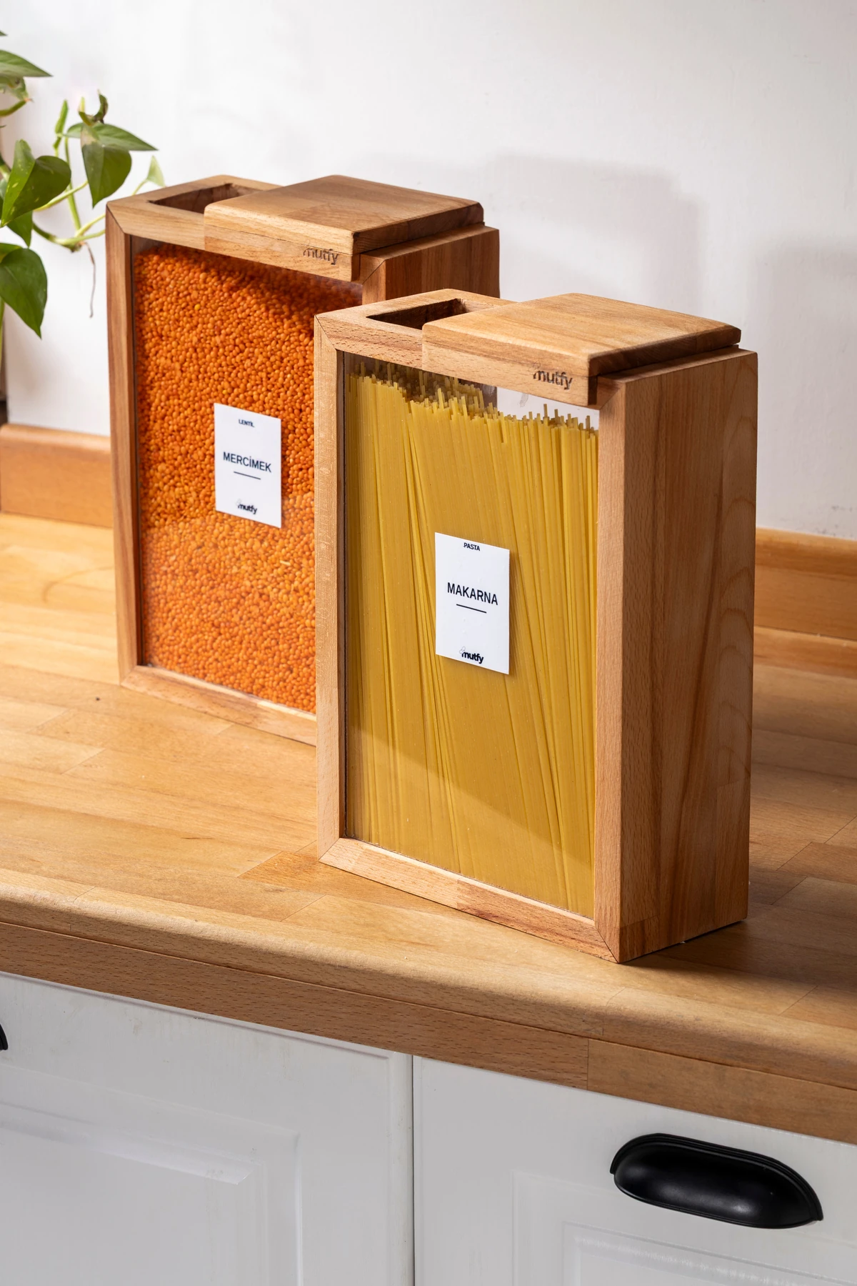 2'li Kapaklı Ahşap Saklama Kabı Seti Büyük Boy Bakliyatlık - 3 Litre - 9 Adet Etiket Hediyeli