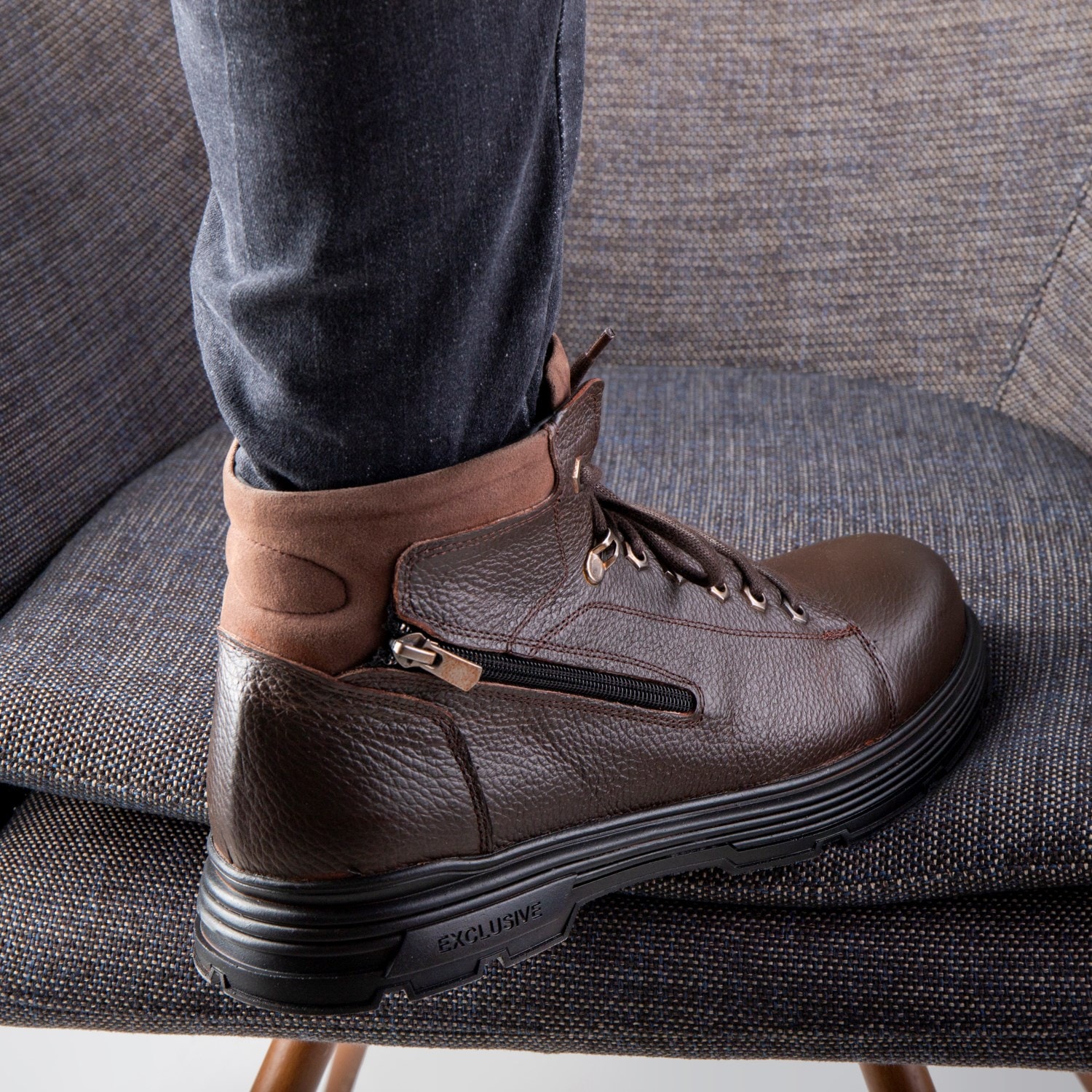 Ankle Genuine Leather Lace-Up Rubber Sole Men's Boots, Zipper Boots