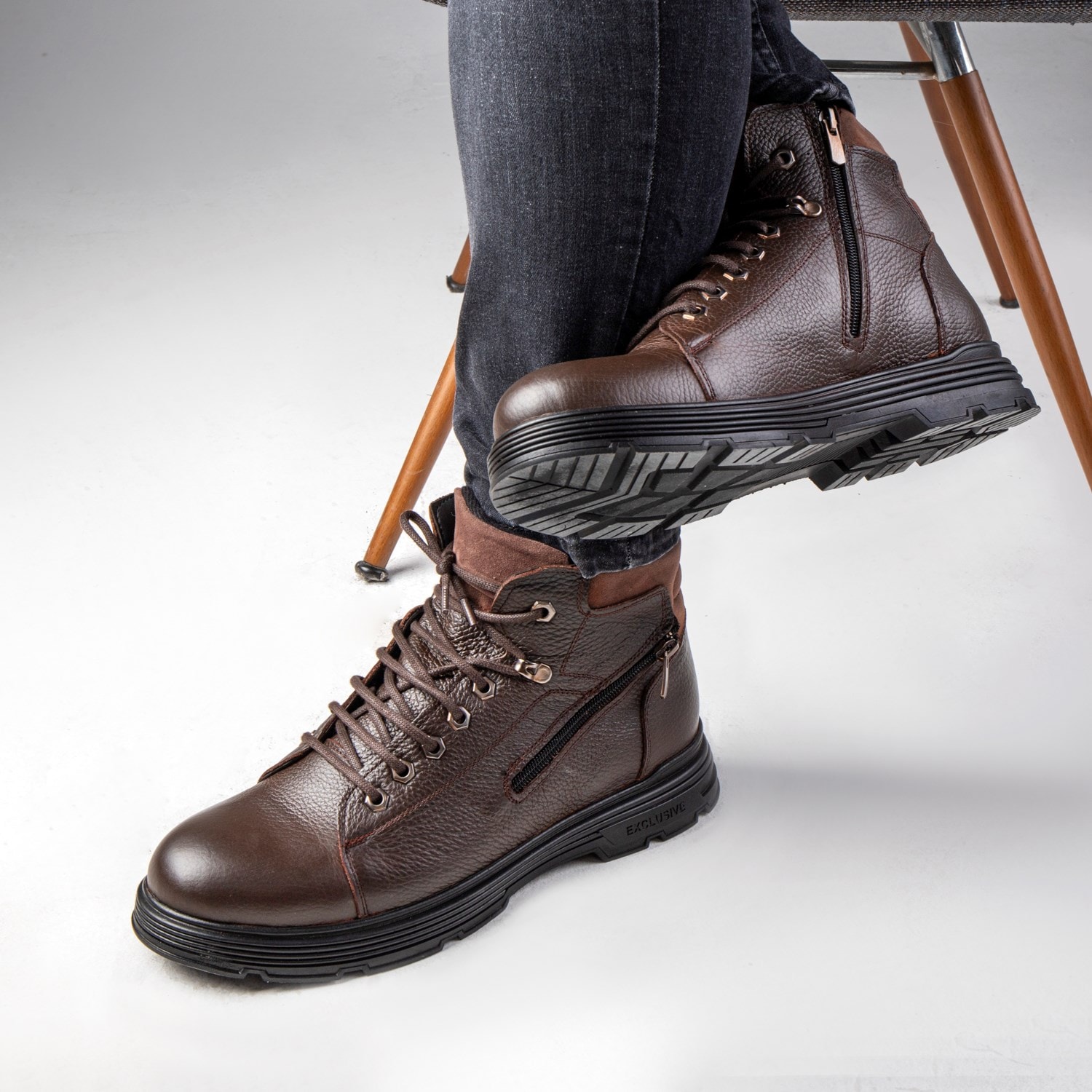 Ankle Genuine Leather Lace-Up Rubber Sole Men's Boots, Zipper Boots