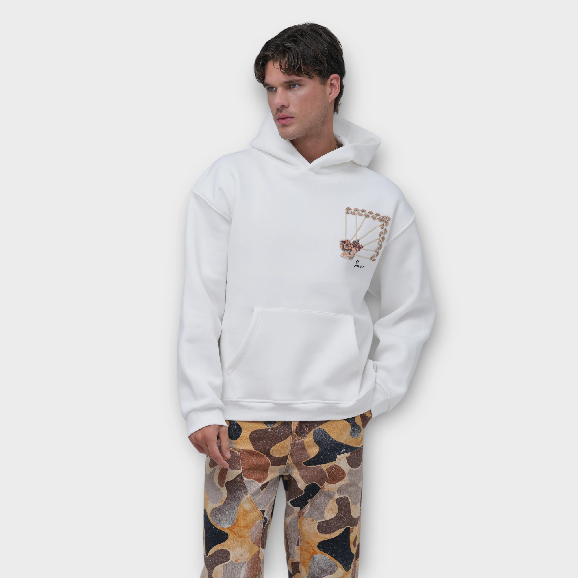 Su Yolu Otantik Nakışlı Oversize Hoodie - %100 Pamuk Şardonlu - Beyaz