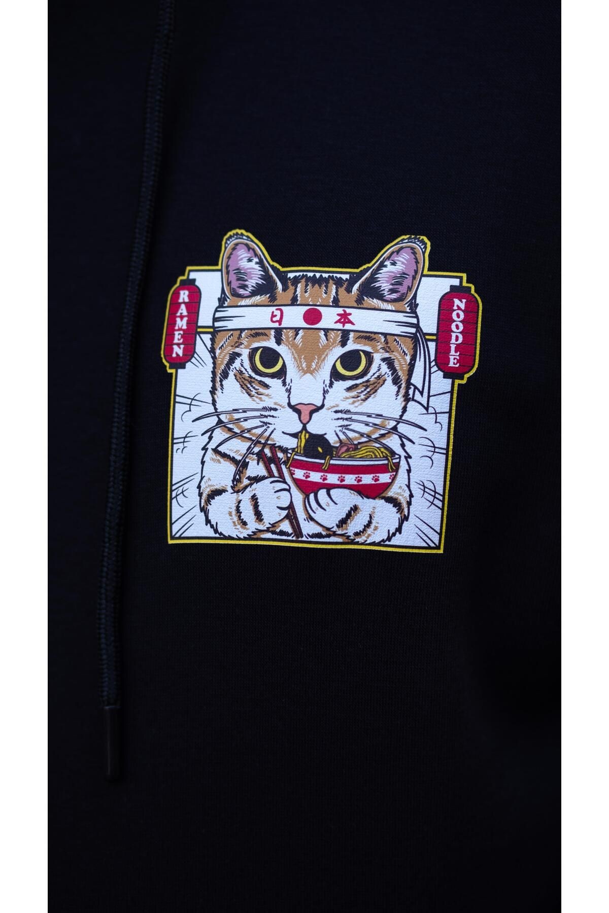 Ramen Kedi Baskılı Siyah Hoodie - CNSW12