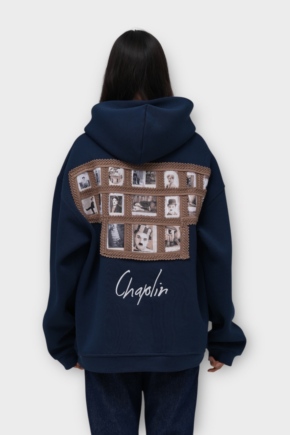 Patchwork Chaplin Oversize Hoodie - %100 Pamuk - Siyah