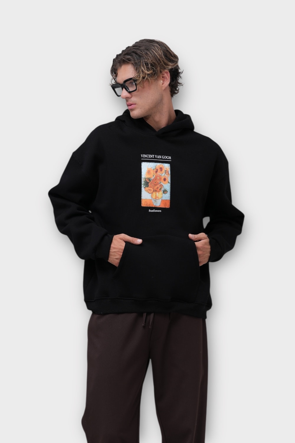 Sunflowers Oversize Hoodie  - %100 Pamuk - Siyah