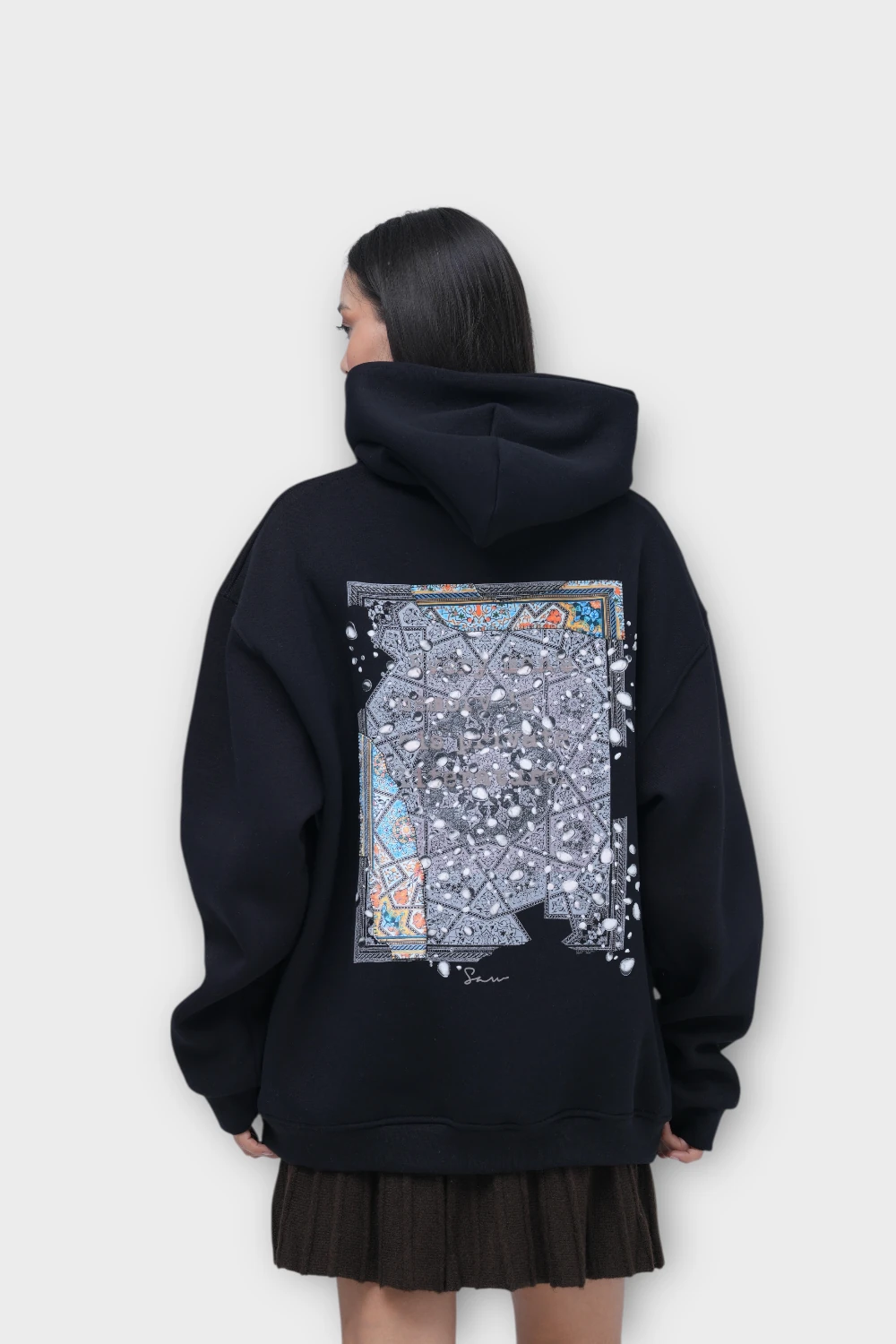 Mozaik Oversize Hoodie - Şardonlu %100 Pamuk - Siyah