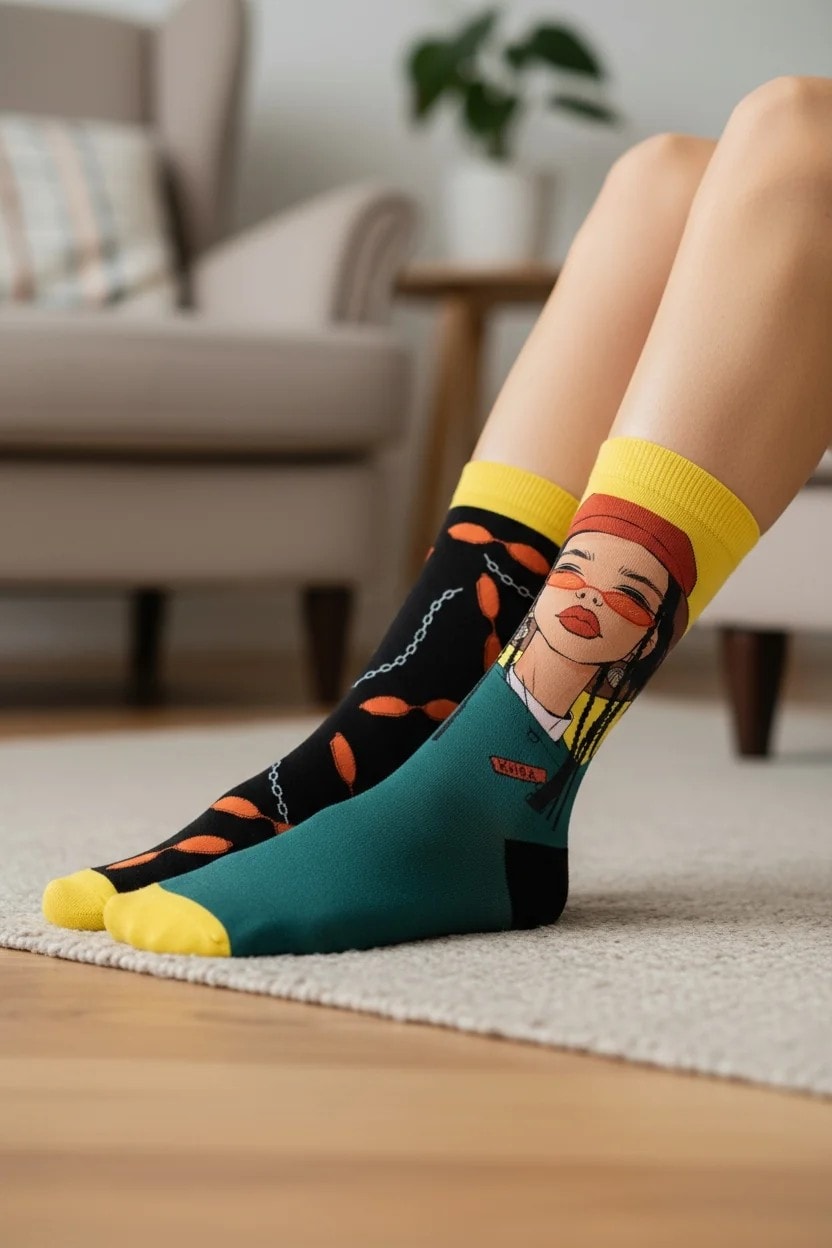 Sağ Sol Farklı Rastalı Kadın Desenli Çorap (36-44 Numaraya Uygun)