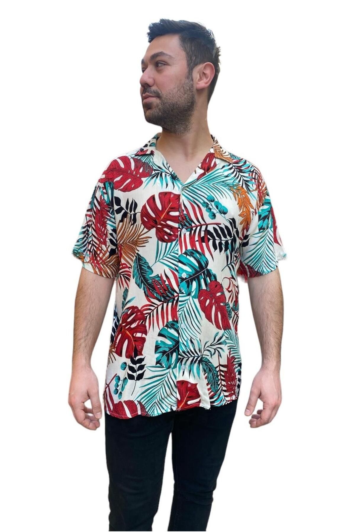 Erkek Beyaz Hawaii Gömlek - Tropikal Desenli - 210