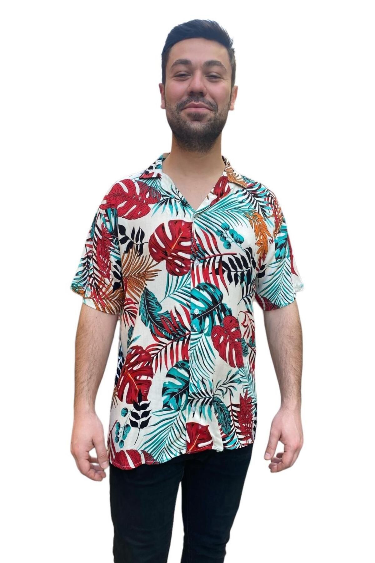 Erkek Beyaz Hawaii Gömlek - Tropikal Desenli - 210