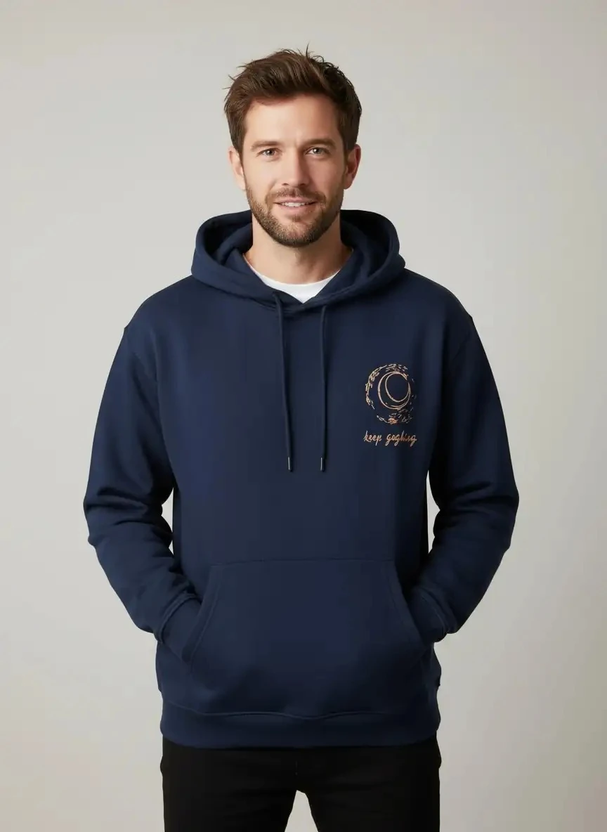 Keep Goghing Oversize Hoodie - Şardonlu %100 Pamuk - İndigo