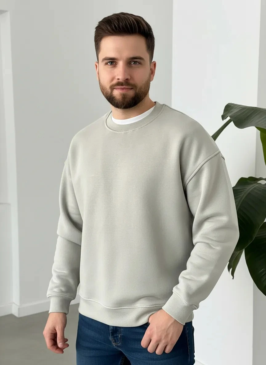 Basic Taş Rengi Oversize Kalın Sweatshirt - 3 İplik Şardonlu