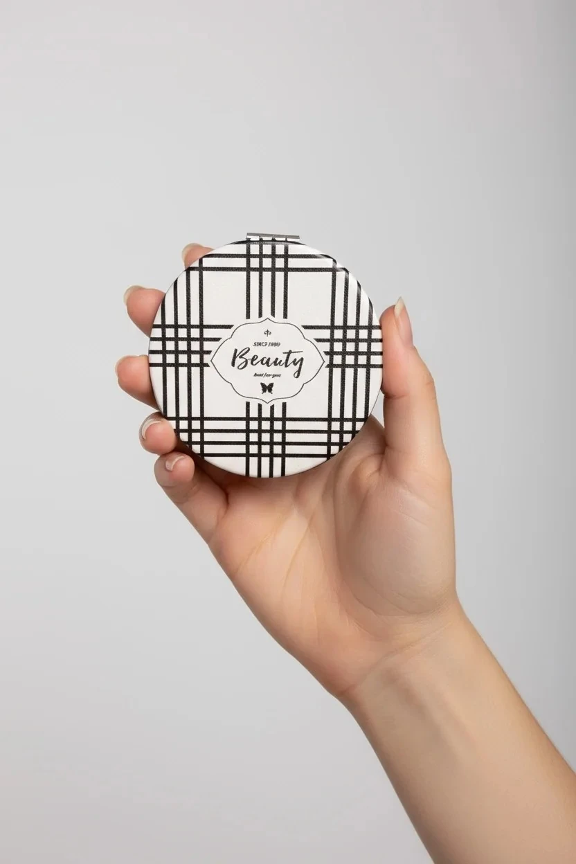 İnce Siyah Beyaz Çizgili "Beauty" Yuvarlak Cep Aynası - 6 cm - AYN105