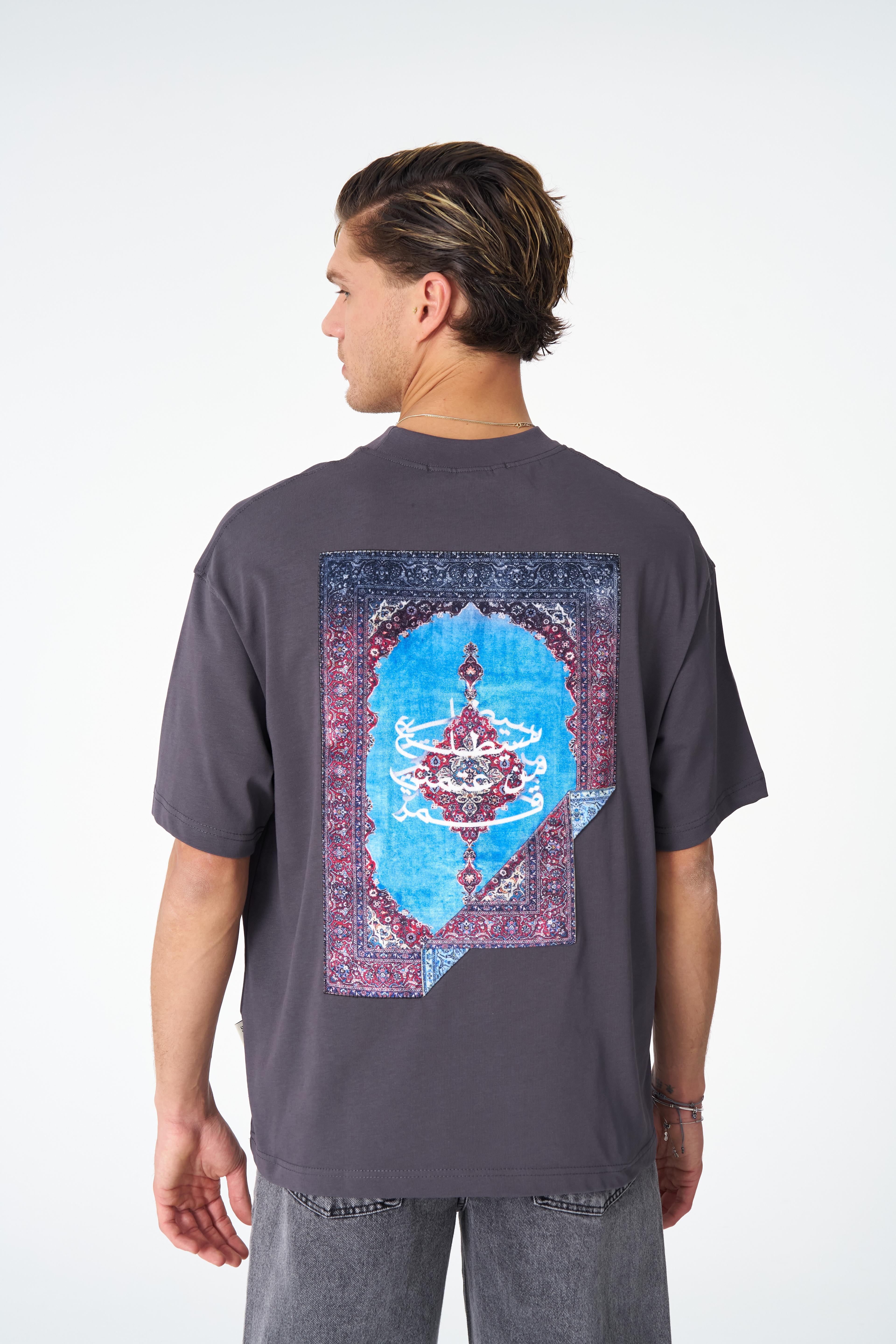Halı Motifli Oversize Tişört - Füme