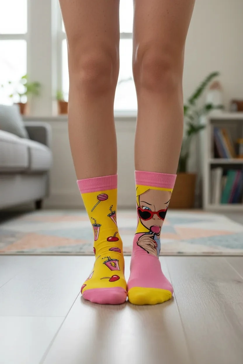 Sağ Sol Farklı Kiraz ve Şeker Desenli Çorap (36-44 Numaraya Uygun)