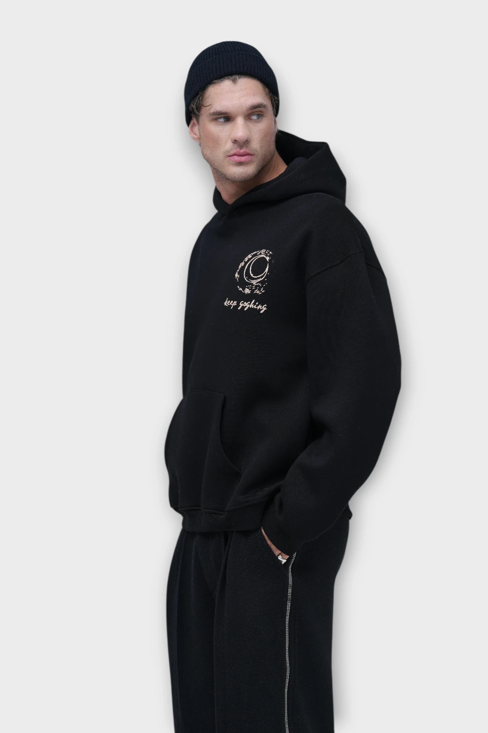 Keep Goghing Oversize Hoodie - Şardonlu %100 Pamuk - Siyah