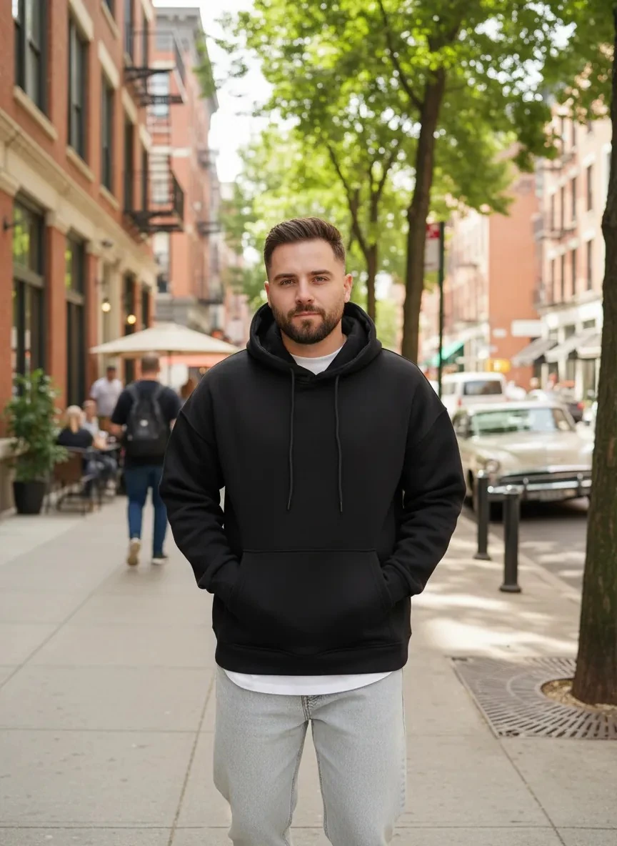 Basic Siyah Oversize Kalın Kapüşonlu Sweatshirt - 3 İplik Şardonlu