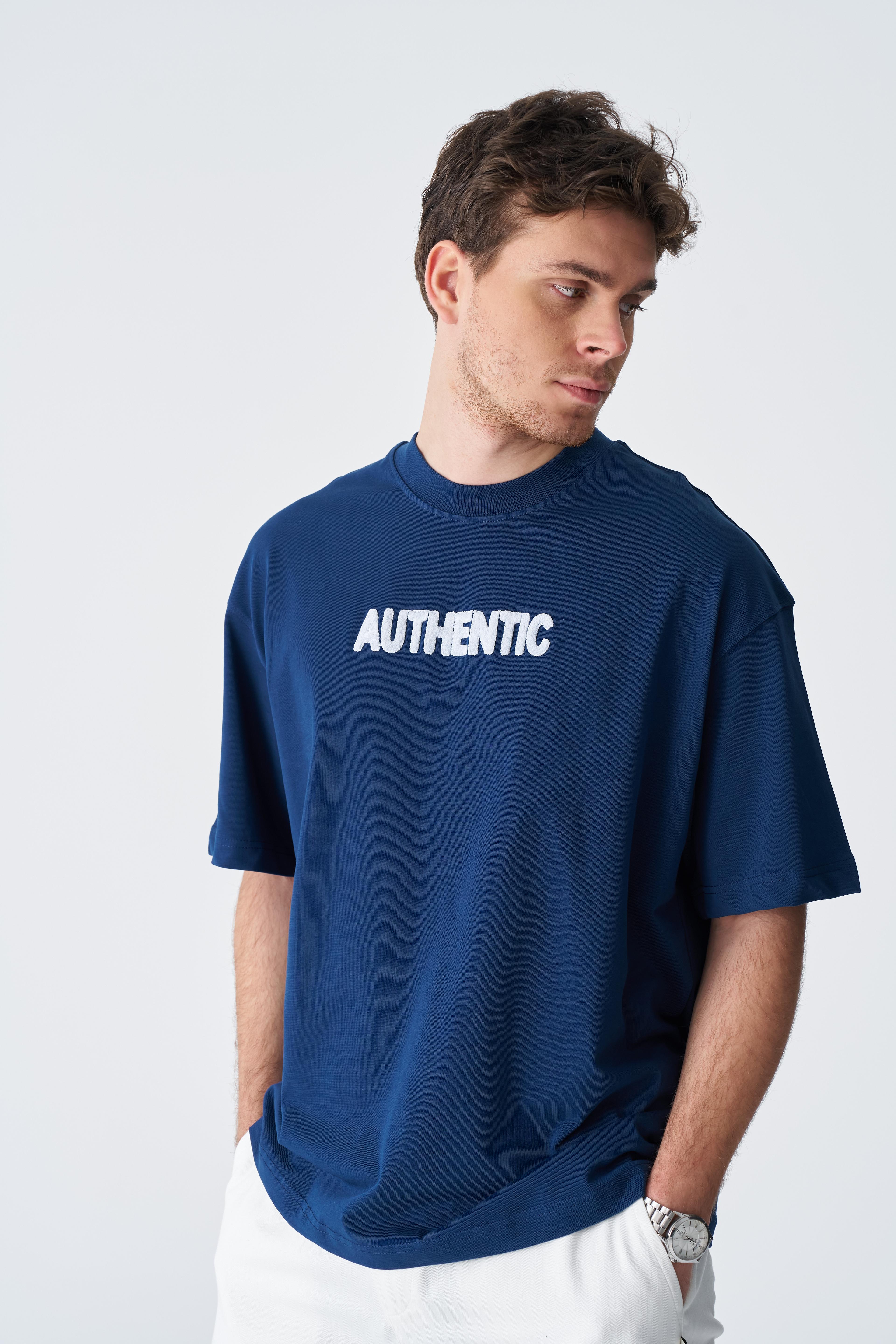Authentic Oversize %100 Pamuk T-Shirt - Lacivert
