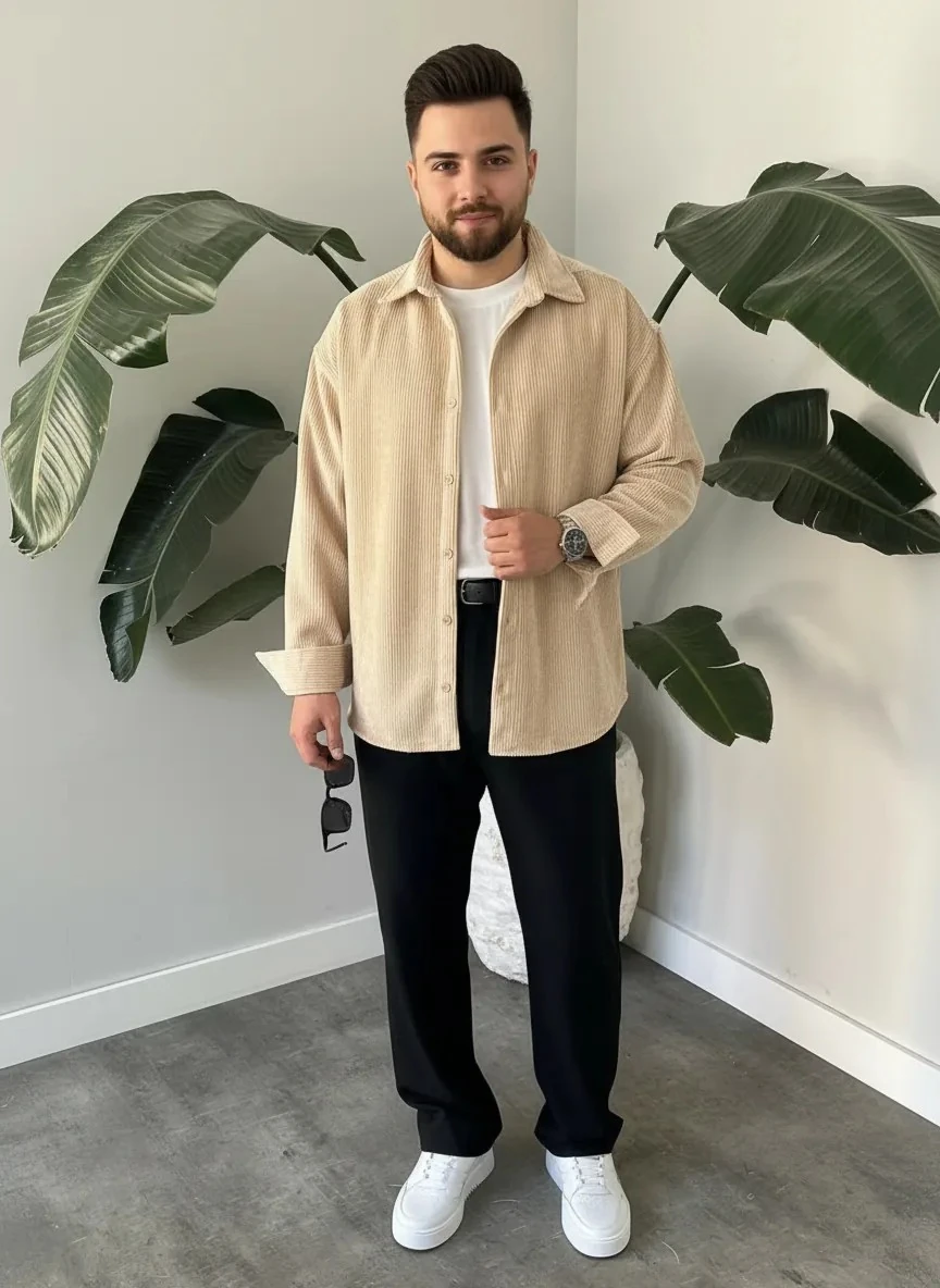 Açık Kahve Oversize Kadife Gömlek