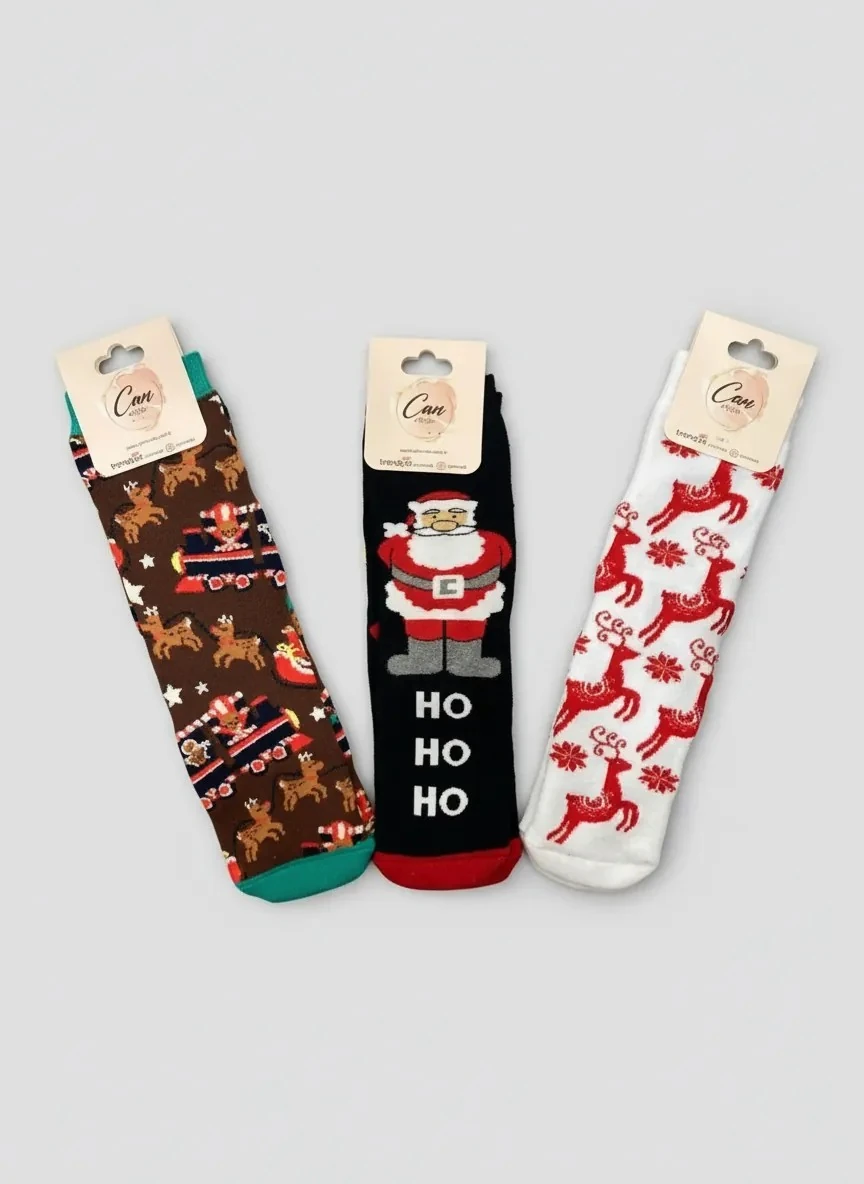 3'lü Yılbaşı Seti Havlu Çorap - Ho Ho Ho (36-46 Numaraya Uygun)