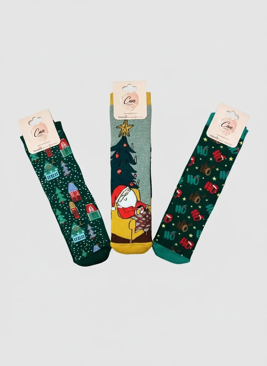 3'lü Yılbaşı Seti Yeşil Havlu Çorap - Sarı Yıldız (36-46 Numaraya Uygun)