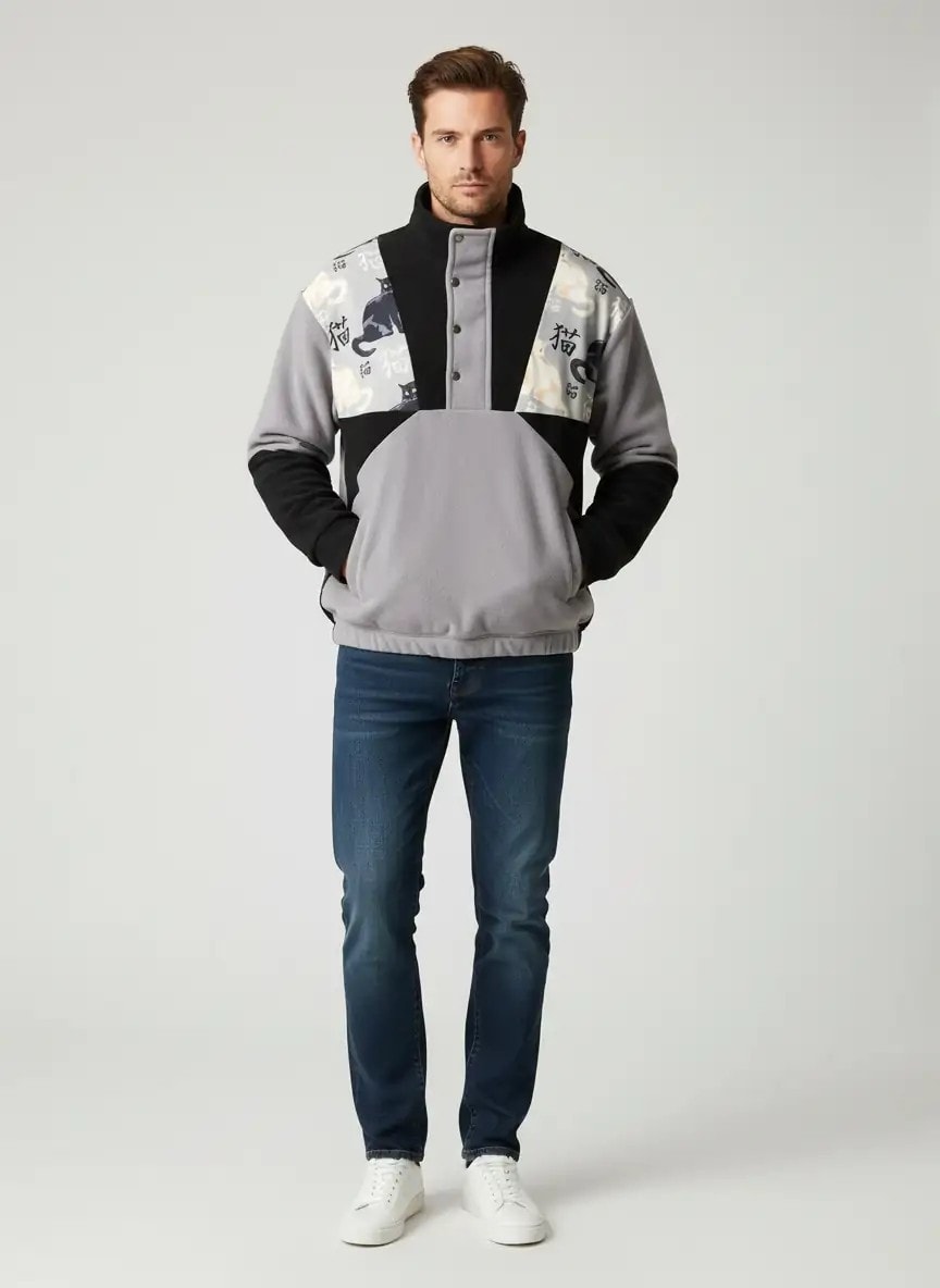 Unisex Japon Kedi Desenli Polar