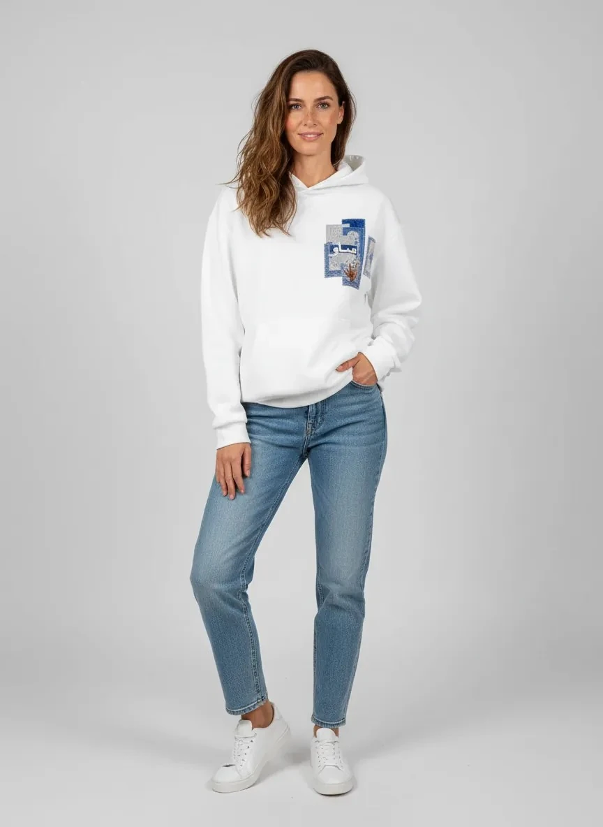 Selam Oversize Hoodie - Şardonlu %100 Pamuk - Beyaz