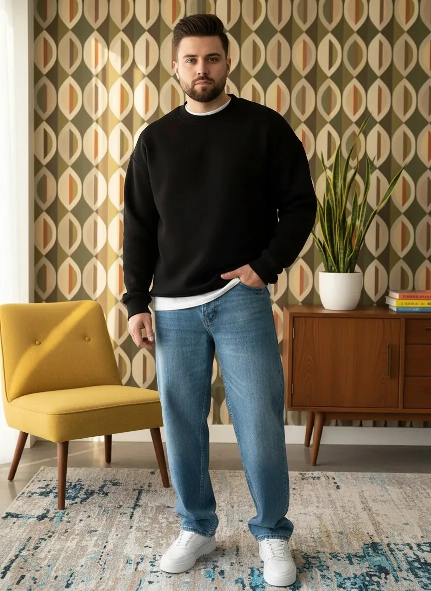 Basic Siyah Oversize Kalın Sweatshirt - 3 İplik Şardonlu