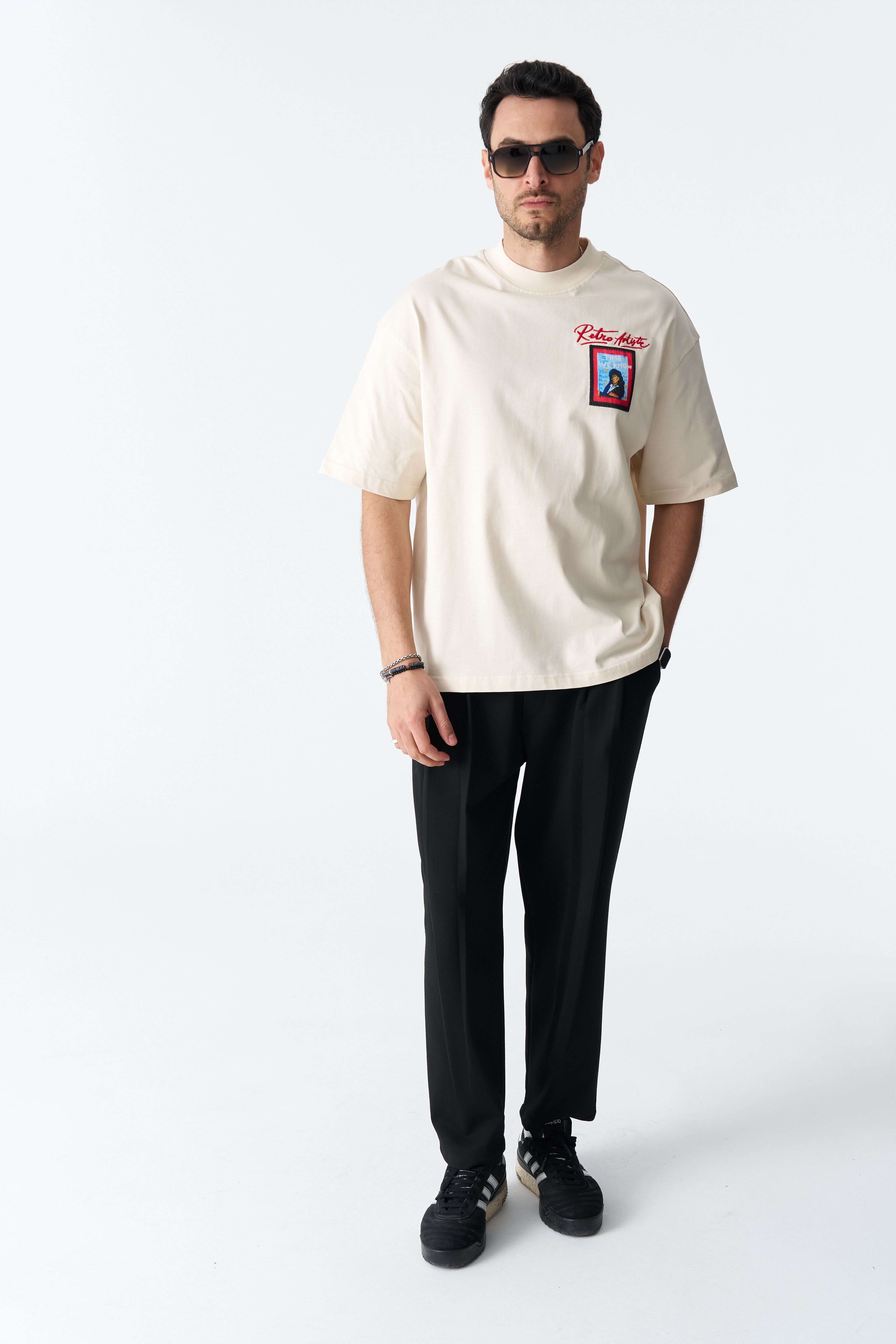 Retro Artistic Oversize %100 Pamuk T-Shirt - Taş Rengi