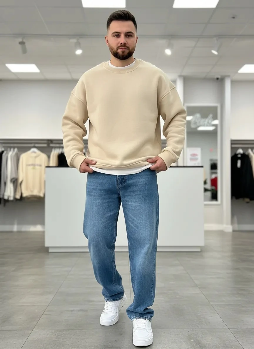 Basic Bej Oversize Kalın Sweatshirt - 3 İplik Şardonlu