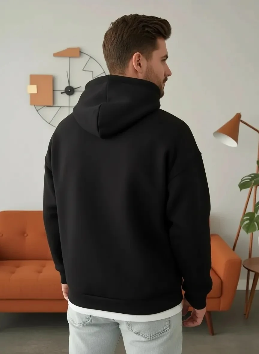 Basic Siyah Oversize Kalın Kapüşonlu Sweatshirt - 3 İplik Şardonlu