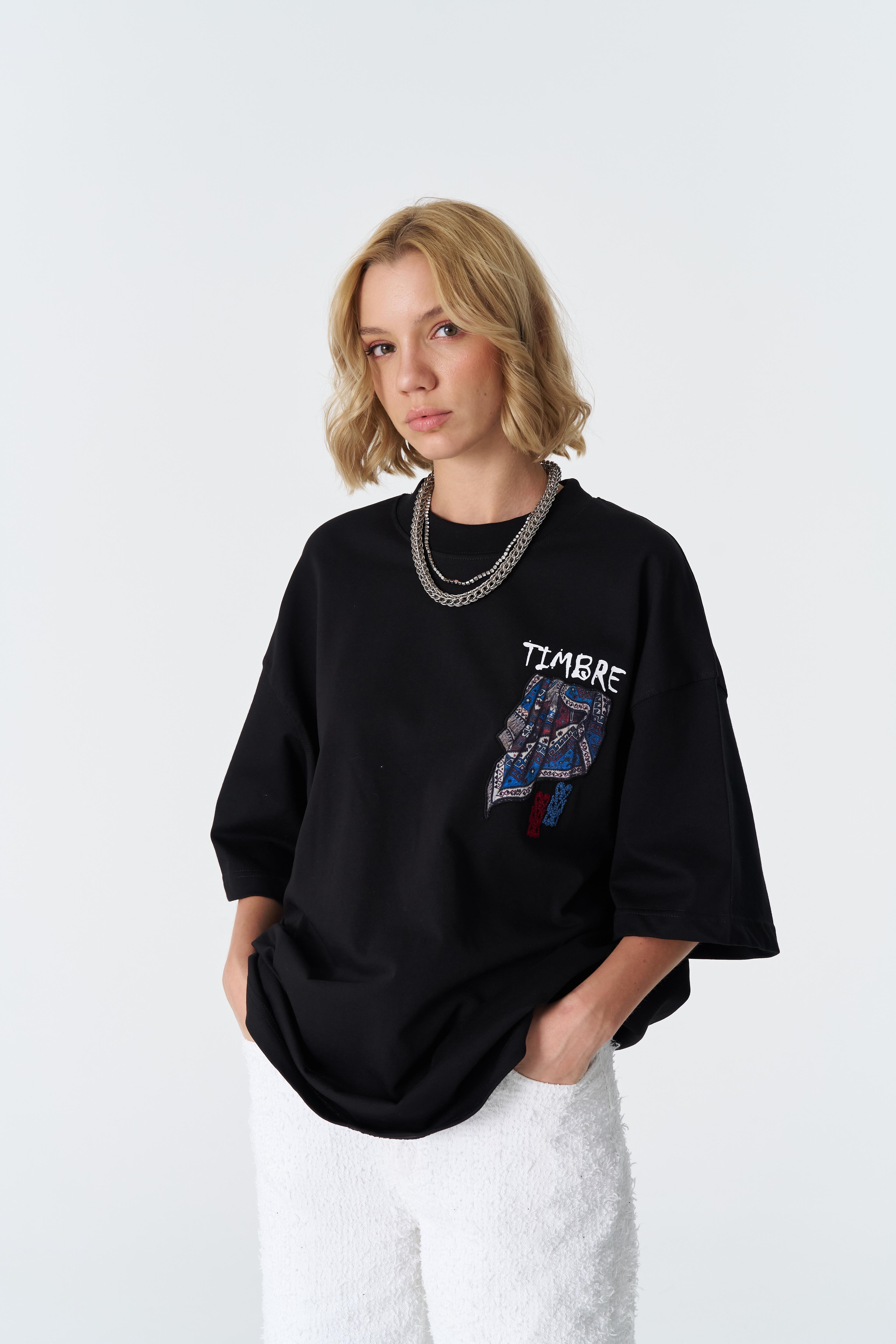 Timbre Oversize %100 Pamuk T-Shirt - Siyah