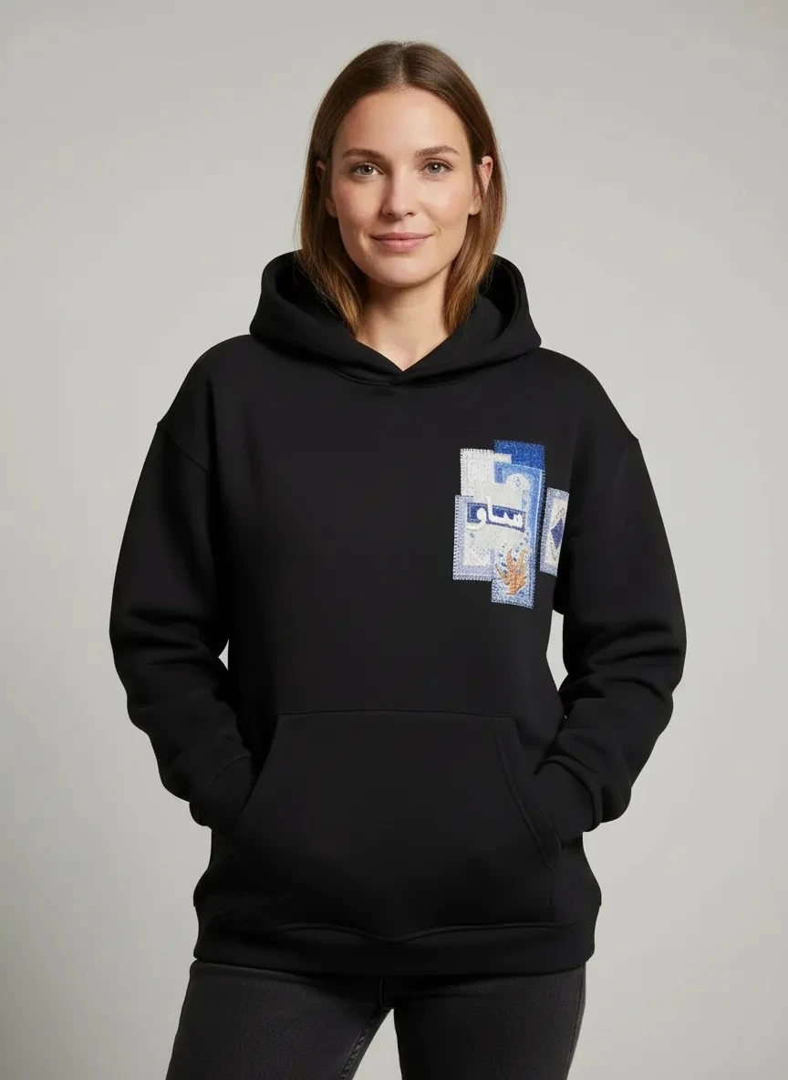 Selam Oversize Hoodie - Şardonlu %100 Pamuk - Siyah