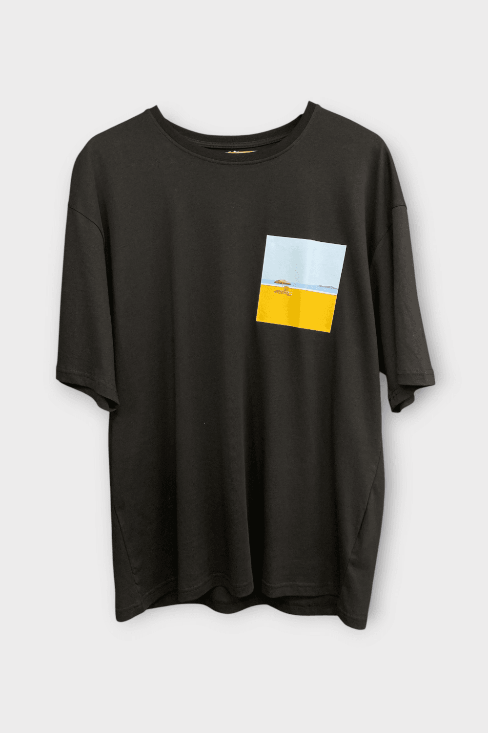Retro Plaj Tasarımlı Oversize Tişört - Siyah