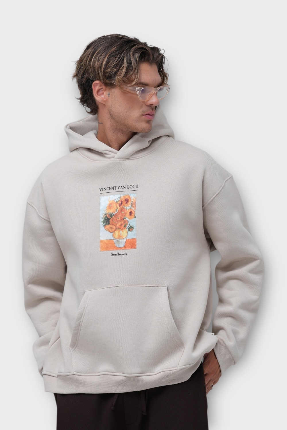 Sunflowers Oversize Hoodie  - %100 Pamuk - Taş