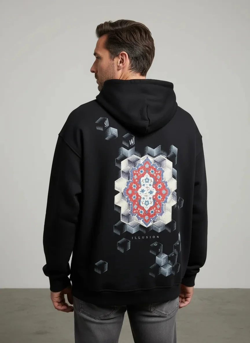 İllusion Oversize Hoodie - Şardonlu %100 Pamuk - Siyah