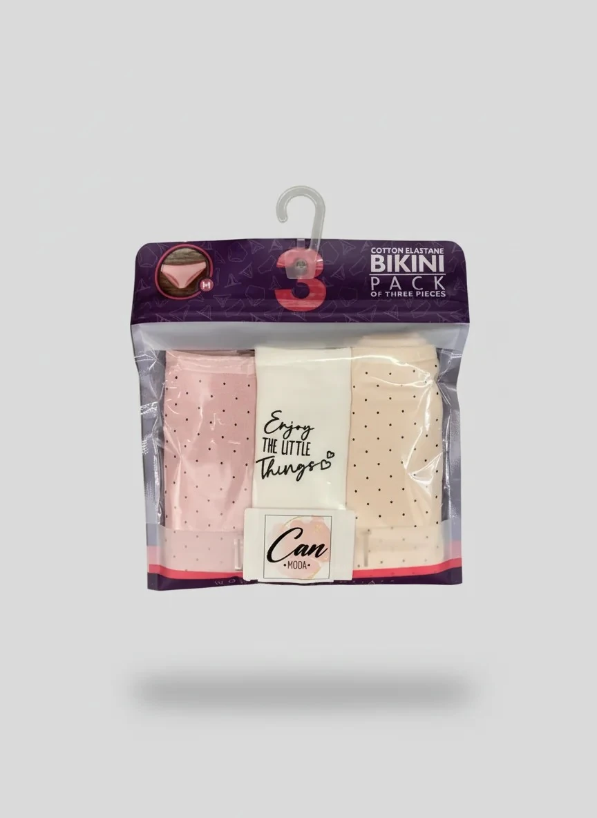 3'lü Bikini Kadın Külot - (Puantiye/Enjoy/Puantiye) %95 Pamuk %5 Elastan